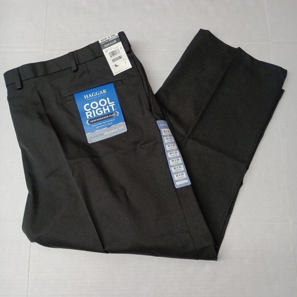 Haggar Cool Right Performance Flex Pleated Pants Classic Fit Men's 50x29 Black